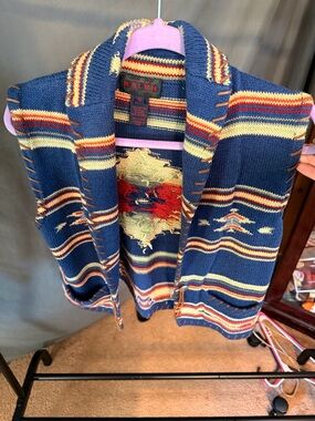 Ralph Lauren Navy Multicolor Striped Shawl Cardigan Vest (hand knit) vintage